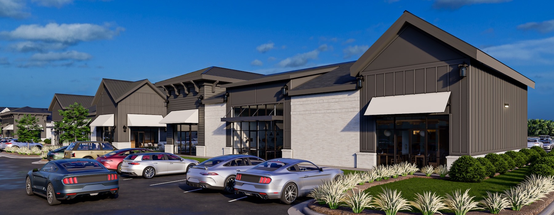 a building with cars parked in front