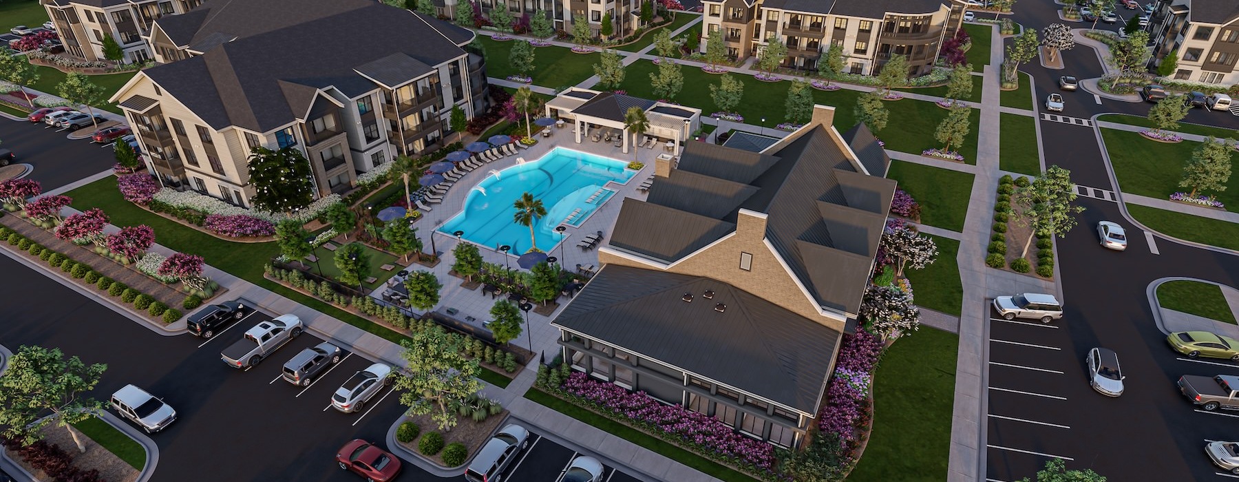 a large building with a pool in the middle of a courtyard