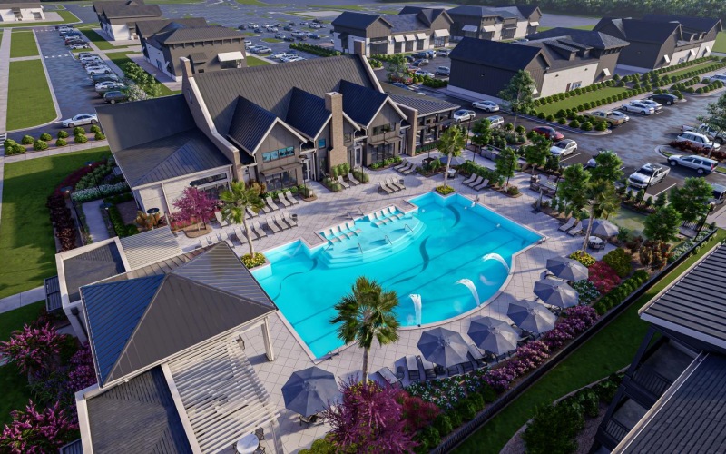 a swimming pool surrounded by houses