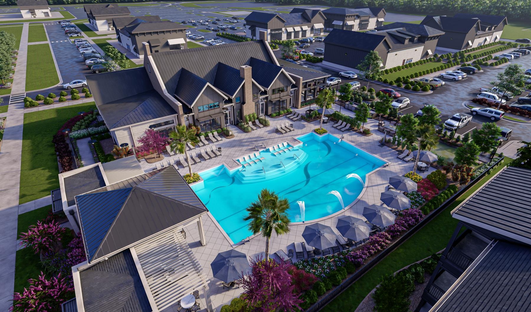 a swimming pool surrounded by houses